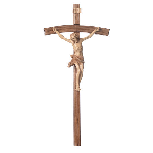 Crucifix, curved, Corpus model in multi-patinated Valgardena woo 1