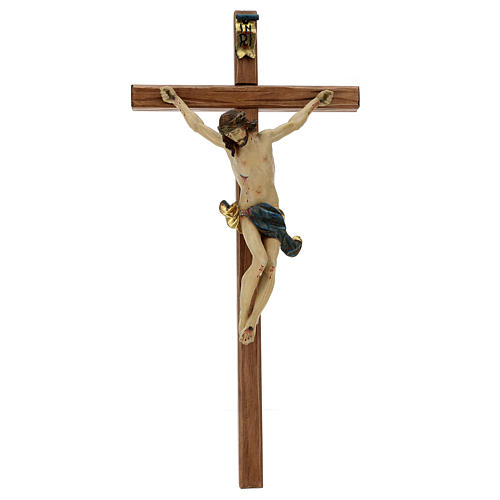 Crucifijo cruz recta tallada modelo Corpus, madera Valgardena An 1
