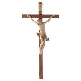 Crucifixo cruz recta esculpida Corpus Val Gardena pátina múltipla
