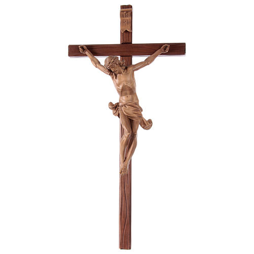 Crucifixo cruz recta esculpida Corpus Val Gardena patinado 1