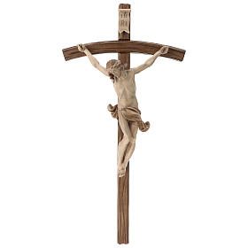 Crucifixo cruz curva esculpida Corpus Val Gardena pátina múltipla