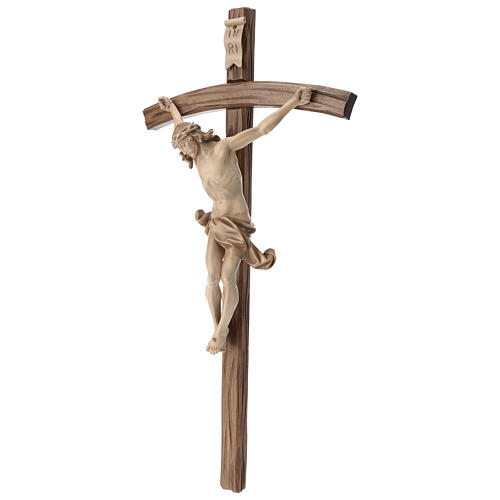 Crucifixo cruz curva esculpida Corpus Val Gardena pátina múltipla 3