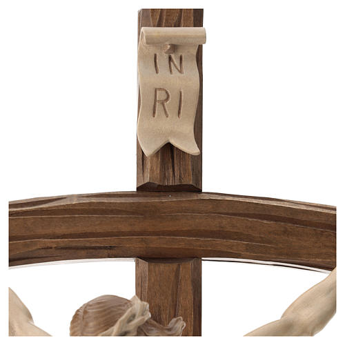 Crucifixo cruz curva esculpida Corpus Val Gardena pátina múltipla 6