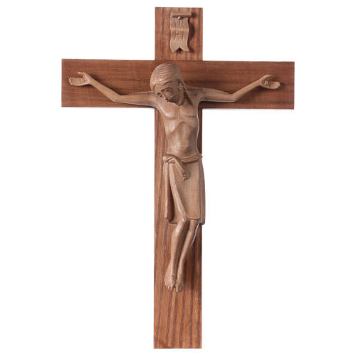 Crucifix in Romanesque style, patinated Valgardena wood 1