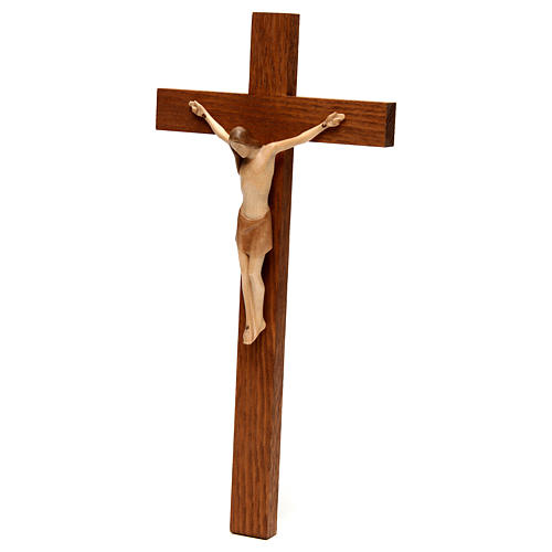 Stylised crucifix in Valgardena wood, multi-patinated 3