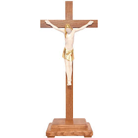 Stylised crucifix with base in Valgardena wood, antique gold