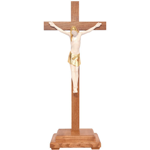 Stylised crucifix with base in Valgardena wood, antique gold 1