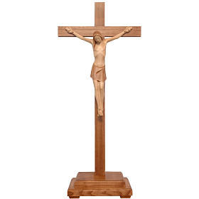 Stylised crucifix with base in Valgardena wood, multi-patinated
