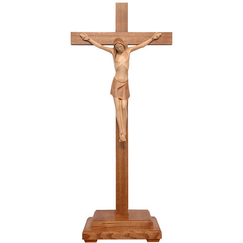 Stylised crucifix with base in Valgardena wood, multi-patinated 1