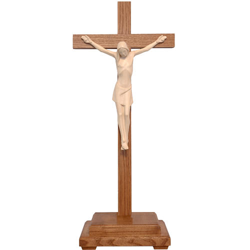 Stylised crucifix with base in Valgardena wood, natural wax 1
