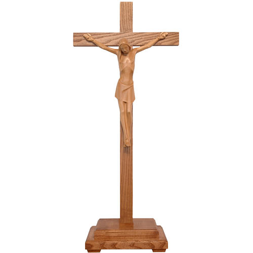 Stylised crucifix with base in patinated Valgardena wood 1