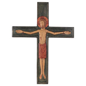 Kruzifix aus Holz, gemaltes Relief mit rotes Kleid