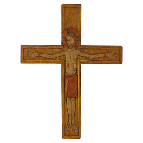 Wooden cross with Christ in relief with painted red mantle 6