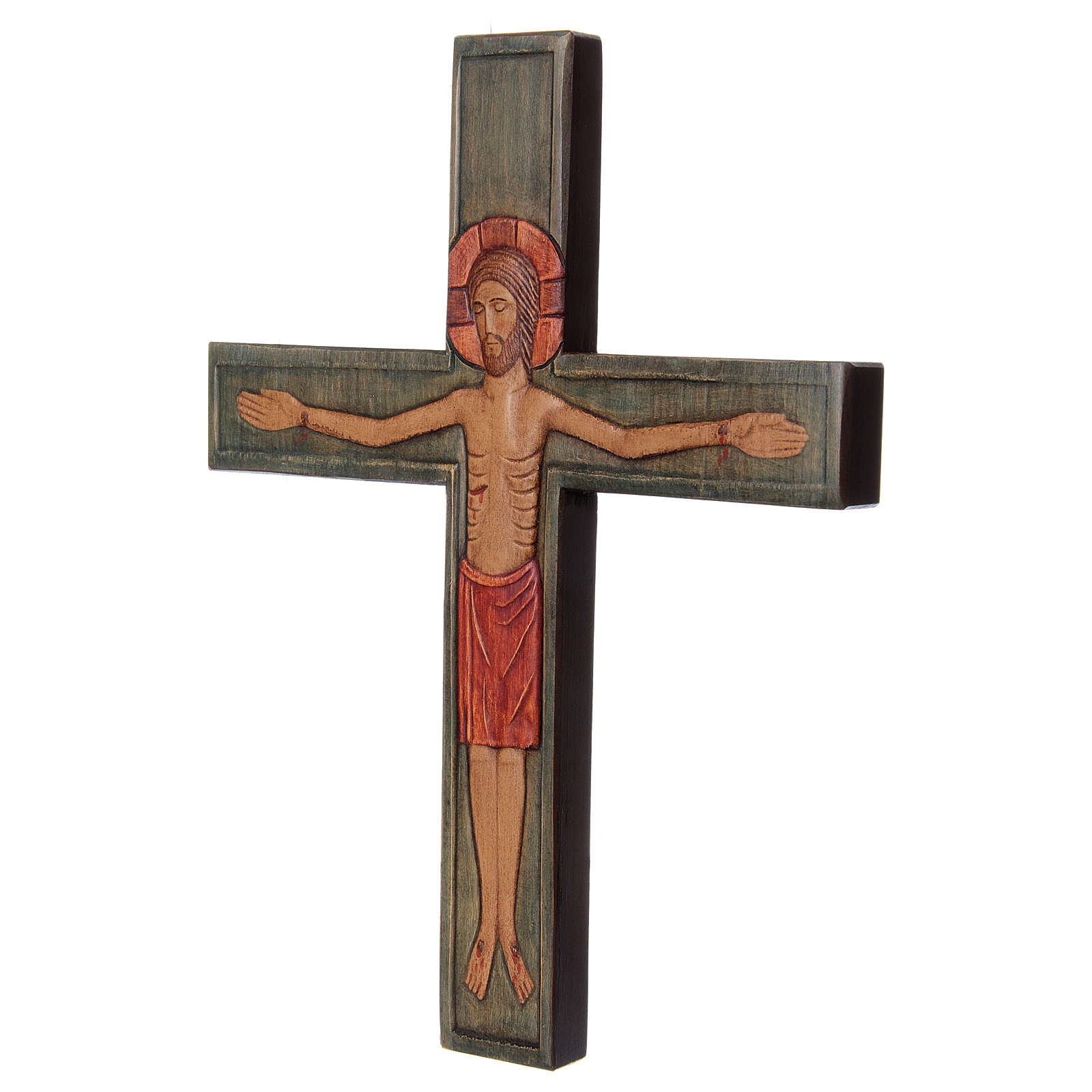 Wooden cross with Christ in relief with painted red mantle online