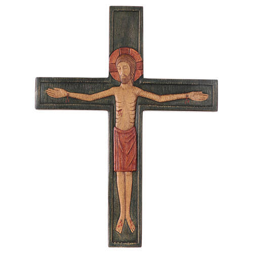 Wooden cross with Christ in relief with painted red mantle 1