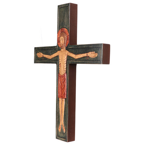 Wooden cross with Christ in relief with painted red mantle 3