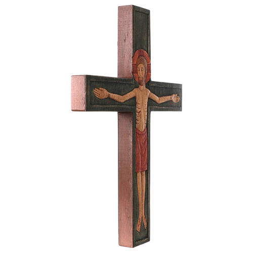 Wooden cross with Christ in relief with painted red mantle 4