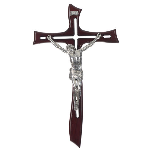 Croix acajou Christ résine argent 65 cm 1