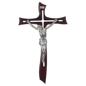 Crucifixos de Madeira: Cruz mogno Cristo resina prata 65 cm