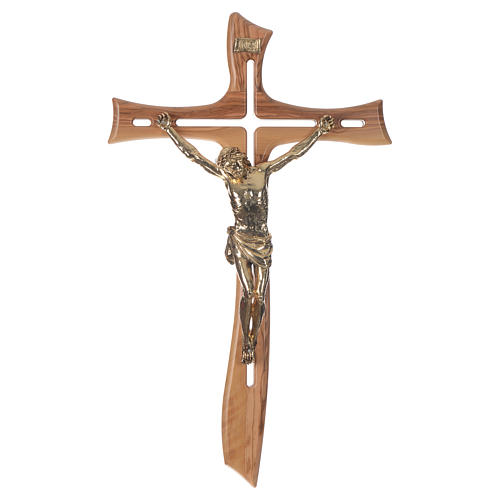 Crucifix in olive wood with Christ in golden resin measuring 65cm 1