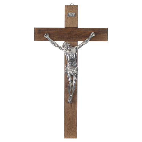 Croix noyer foncé Christ résine argent 65 cm 1