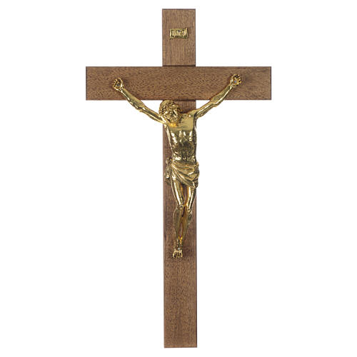 Krzyż drewno orzechowe ciemne ciało Chrystusa żywica złoto 65cm 1