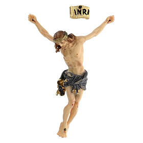Body of Christ painted wood, gold and blue shades drape