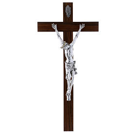 Crucifijo moderno cuerpo plateado sobre cruz de madera de nogal 47 cm