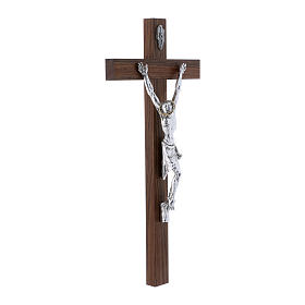 Crucifijo moderno cuerpo plateado sobre cruz de madera de nogal 47 cm