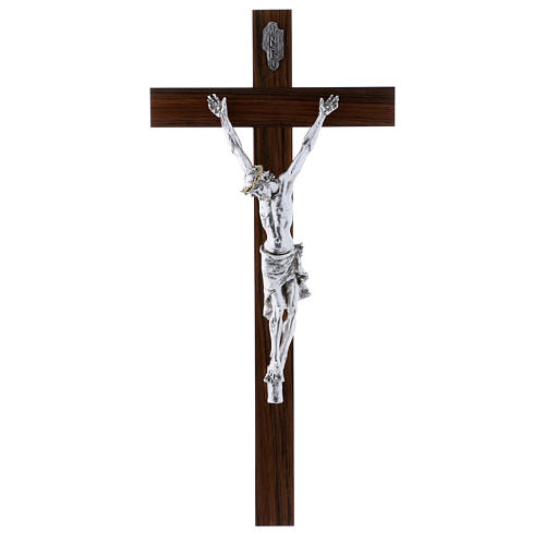 Crucifijo moderno cuerpo plateado sobre cruz de madera de nogal 47 cm 1