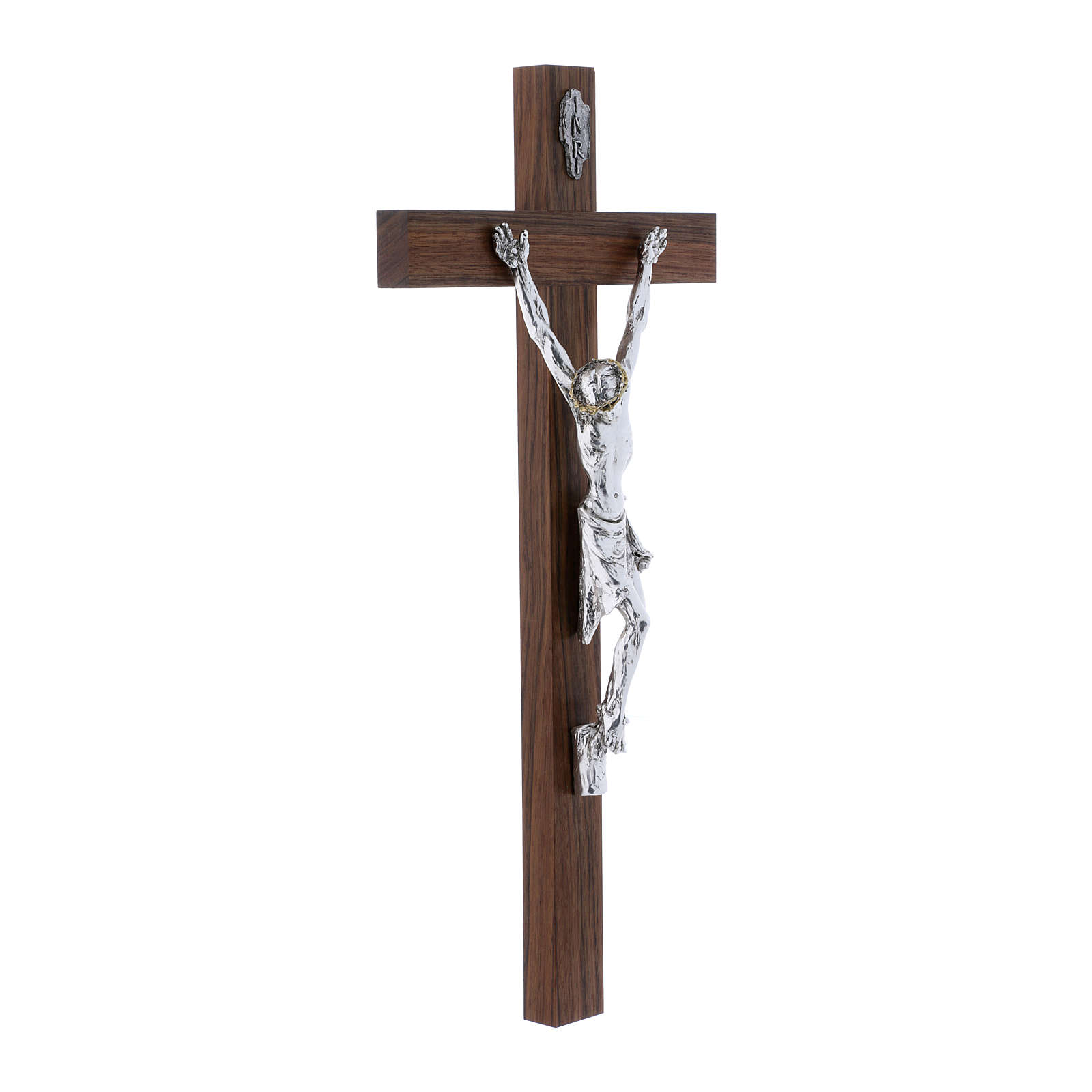 Crucifix mural en bois de noyer avec Christ en m/étal 17 cm