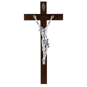 Krucyfiks styl nowoczesny, ciało posrebrzane na drewnianym krzyżu, drewno orzechowe, 47 cm