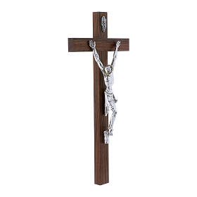 Krucyfiks styl nowoczesny, ciało posrebrzane na drewnianym krzyżu, drewno orzechowe, 47 cm