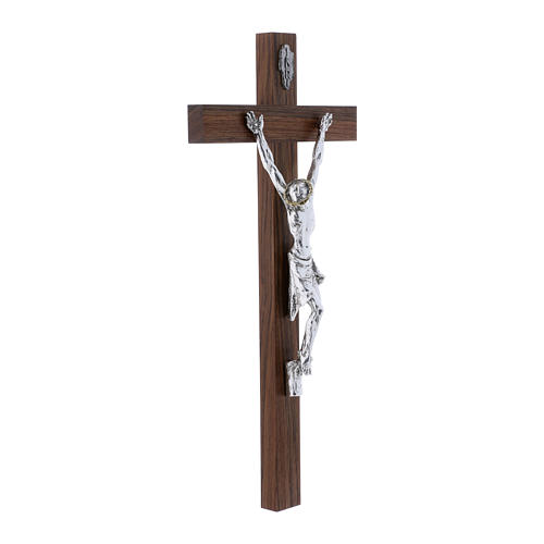 Crucifixo moderno corpo prateado e cruz em madeira de nogueira 47 cm 2