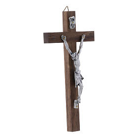 Crucifix corps argenté sur croix en bois de noyer moderne 16 cm