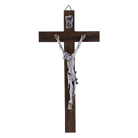 Crucifixo corpo prateado e cruz em madeira de nogueira moderno 16 cm