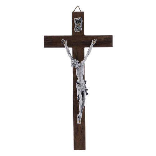 Crucifixo corpo prateado e cruz em madeira de nogueira moderno 16 cm 1