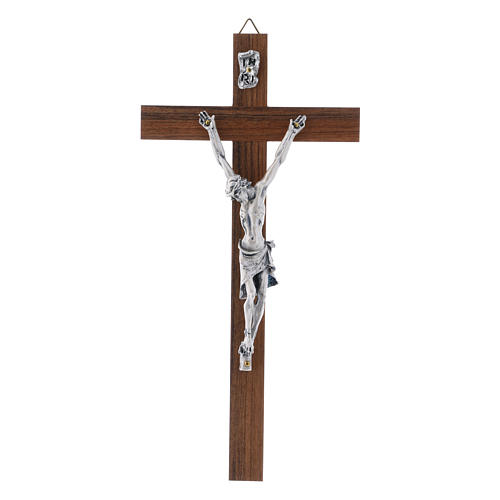 Modernes Kruzifix aus Nussbaumholz und Corpus Christi aus Metall 21 cm 1
