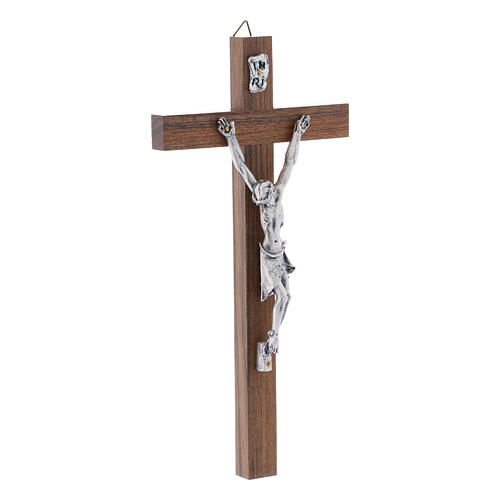Modernes Kruzifix aus Nussbaumholz und Corpus Christi aus Metall 21 cm 2
