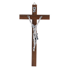 Crucifix moderne en bois de noyer corps métal 21 cm