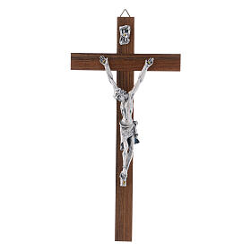 Krucyfiks nowoczesny z drewna orzechowego, Ciało Chrystusa z metalu, 21 cm