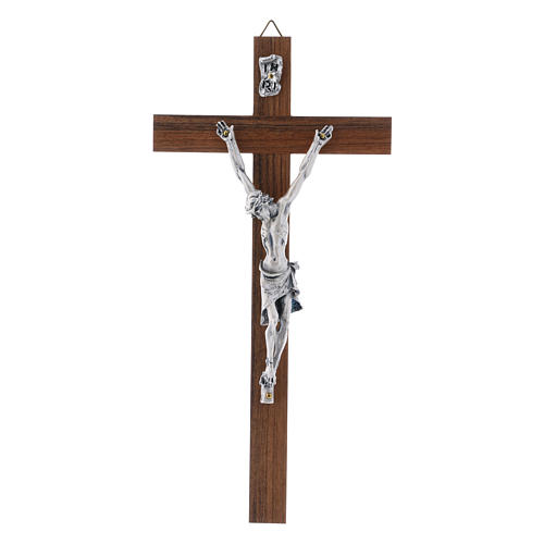 Crucifixo moderno em madeira de nogueira corpo metal 21 cm 1