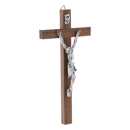 Crucifixo moderno em madeira de nogueira corpo metal 21 cm 2