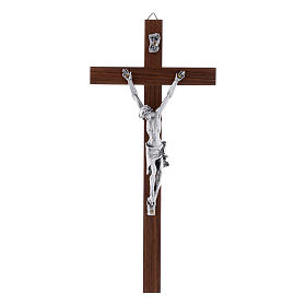 Crucifix moderne en bois de noyer et corps argenté 25 cm