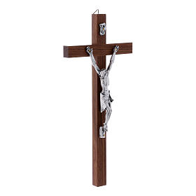 Crucifix moderne en bois de noyer et corps argenté 25 cm