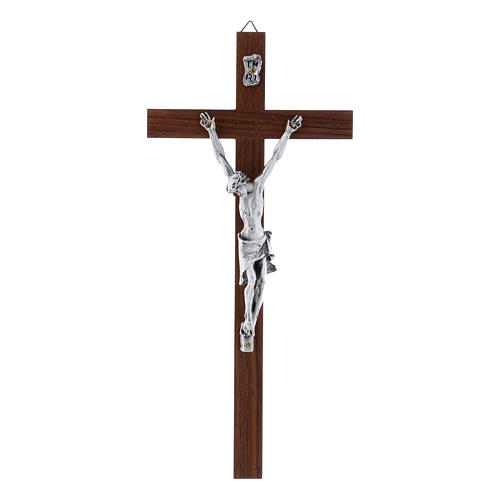 Crucifix moderne en bois de noyer et corps argenté 25 cm 1