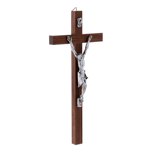 Crucifix moderne en bois de noyer et corps argenté 25 cm 2