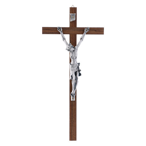 Crucifijo de madera de nuez moderno con cuerpo metálico 35 cm 1