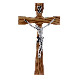 Crucifix moderne en bois d'olivier avec corps argenté 17 cm