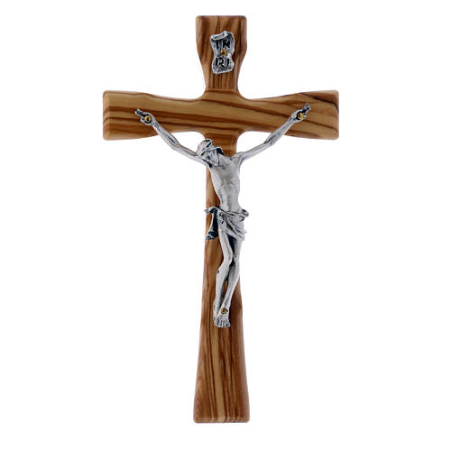 Crucifix moderne en bois d'olivier avec corps argenté 17 cm 1